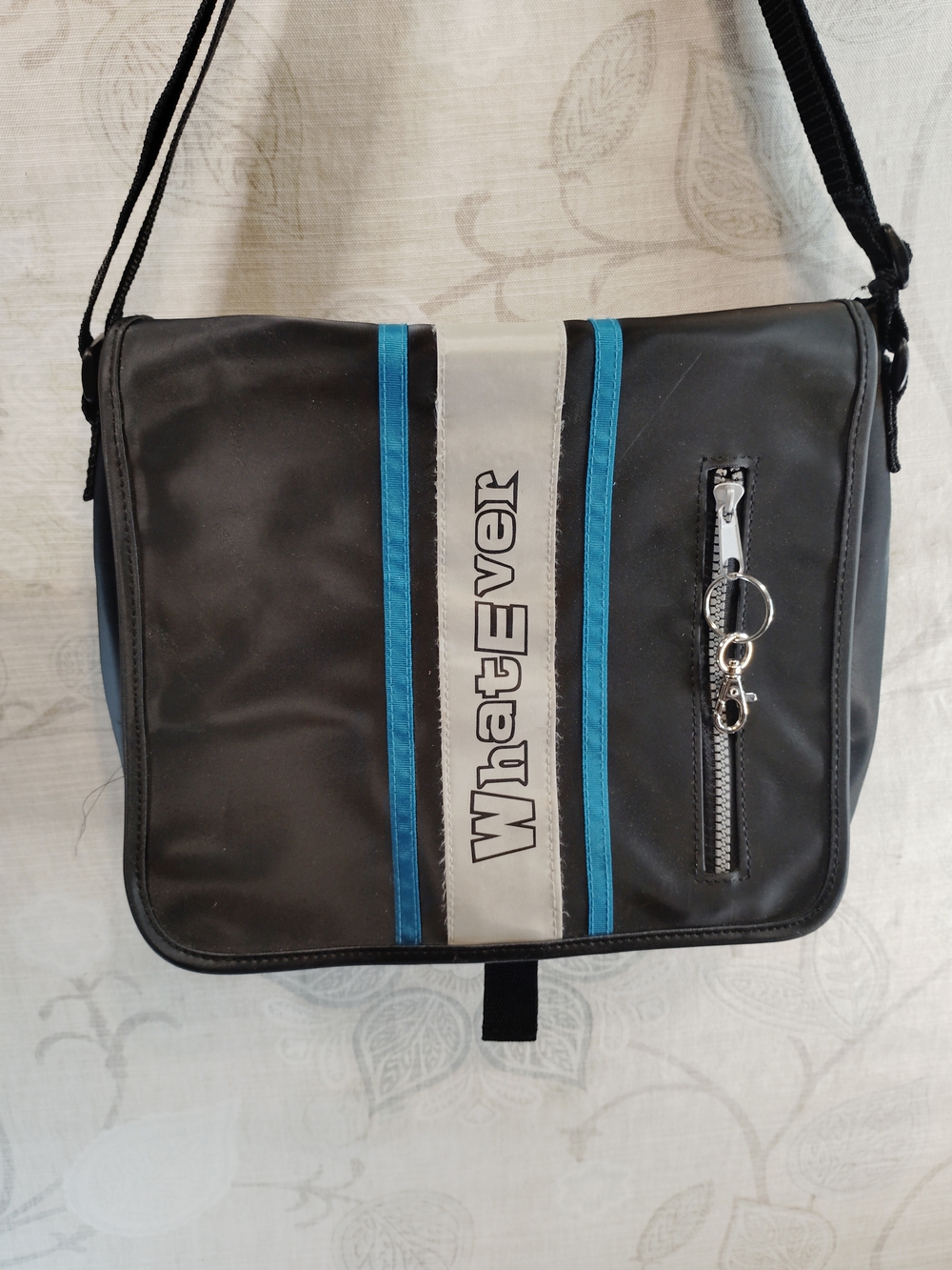 WhatEver Black Messenger/Crossbody Bag with Blue Trim